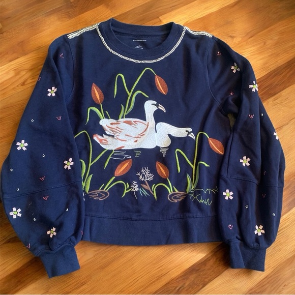 Anthropologie Tops - Anthropologie Embroidered Beaded Swans Sweatshirt Navy Blue Size Small